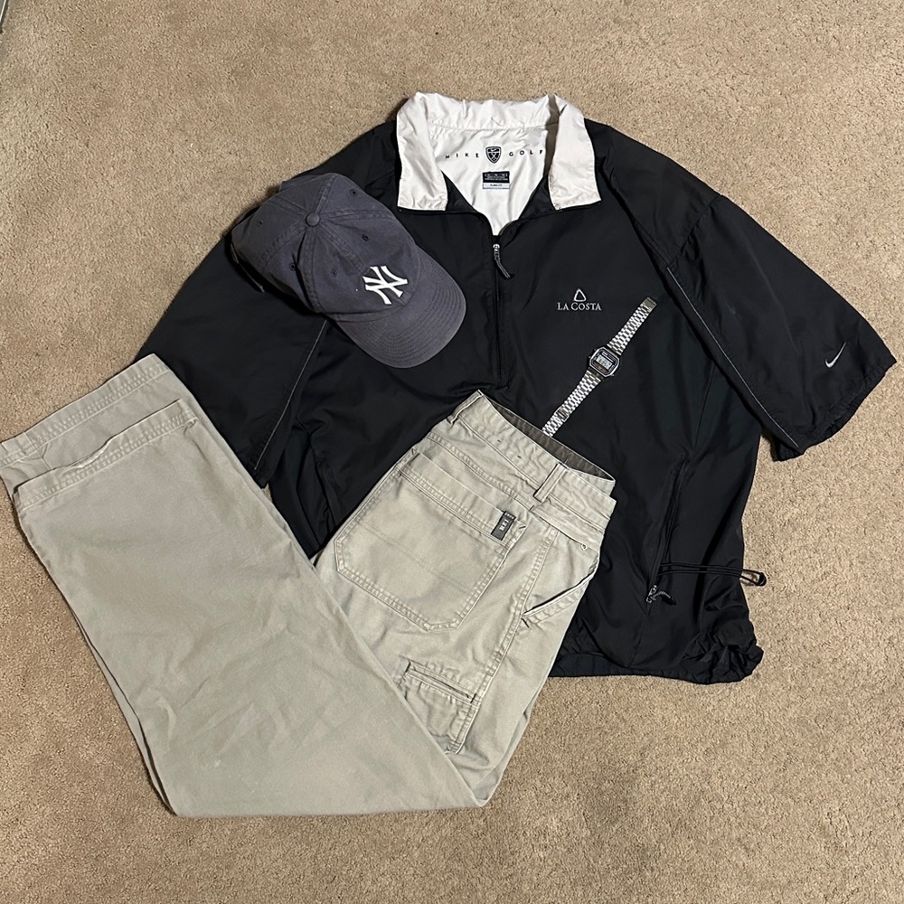 Nike Black Windbreaker Jacket with Cap and Khaki Pants
